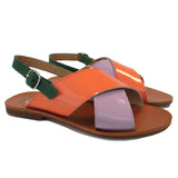 Sandals in purple, orange and green patent leather