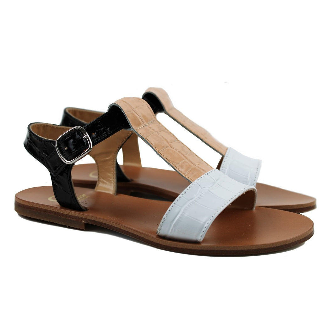 Sandals in white/beige/black printed leather