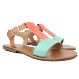 Sandals in light blue, coral and tan leather