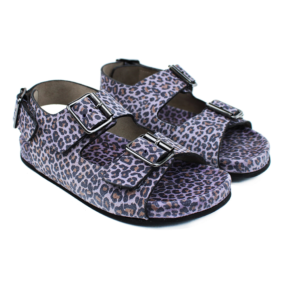Sandals in violet animalier leather with back strap