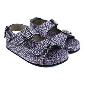 Sandals in violet animalier leather and ergonomic footbed with back strap