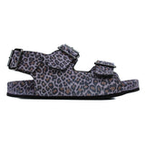Sandals in violet animalier leather with back strap