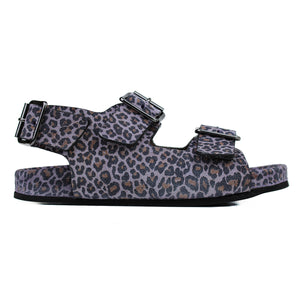 Sandals in violet animalier leather and ergonomic footbed with back strap