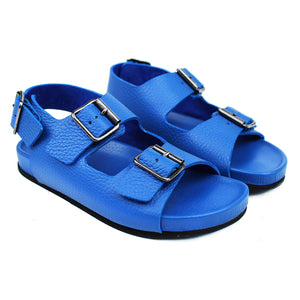Sandals in blue elk leather and ergonomic footbed with back strap