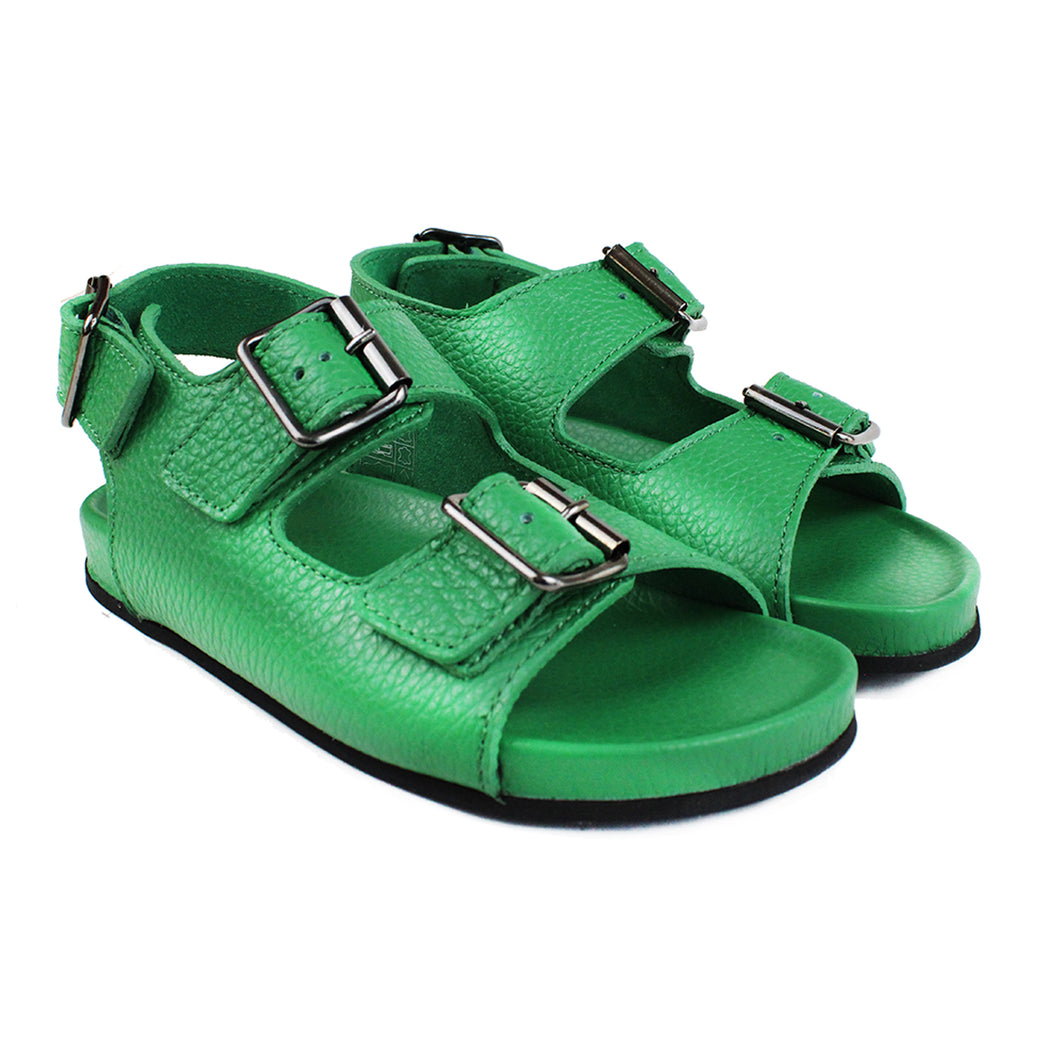 Grass green leather sandals with ergonomic footbed and back strap