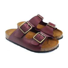 Load image into Gallery viewer, Double strap sandals in burgundy leather with ergonomic cork footbed
