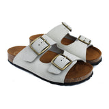 Sandals with double strap in gray leather with ergonomic cork footbed