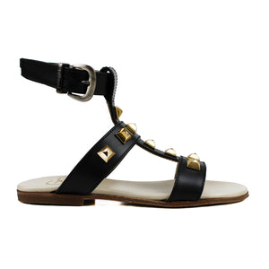 Black leather sandals with studs and ankle strap