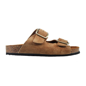 Double strap sandals in brown leather with ergonomic cork footbed