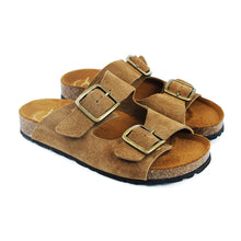 Load image into Gallery viewer, Double strap sandals in brown leather with ergonomic cork footbed
