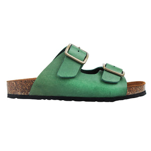 Double strap sandals in green leather with ergonomic cork footbed