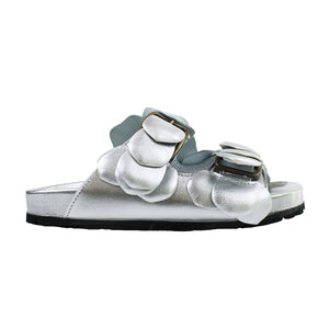 Double strap sandals in silver leather with ergonomic footbed