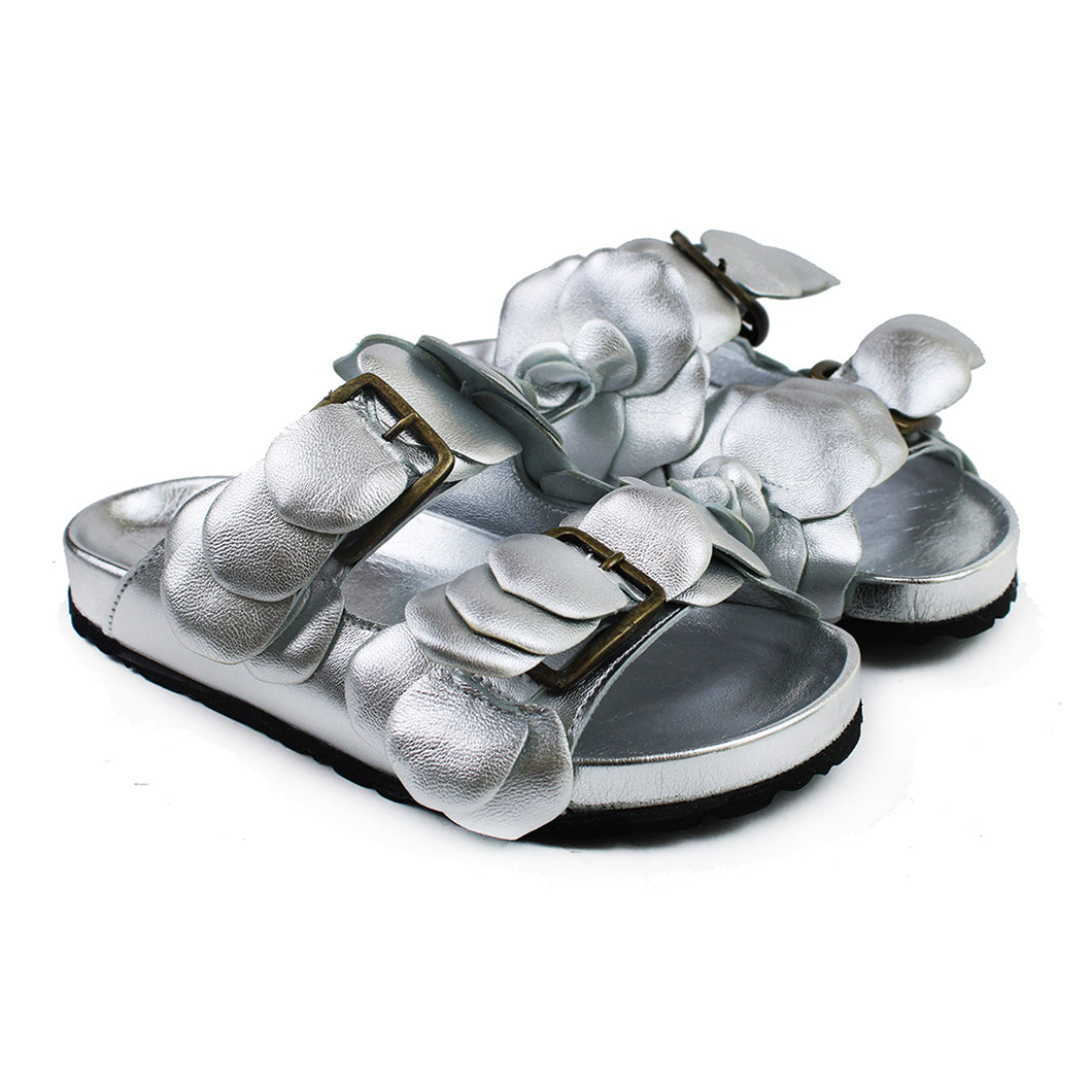 Double strap sandals in silver leather with ergonomic footbed