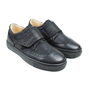 Low-top brogue sneakers in black leather velcro on top