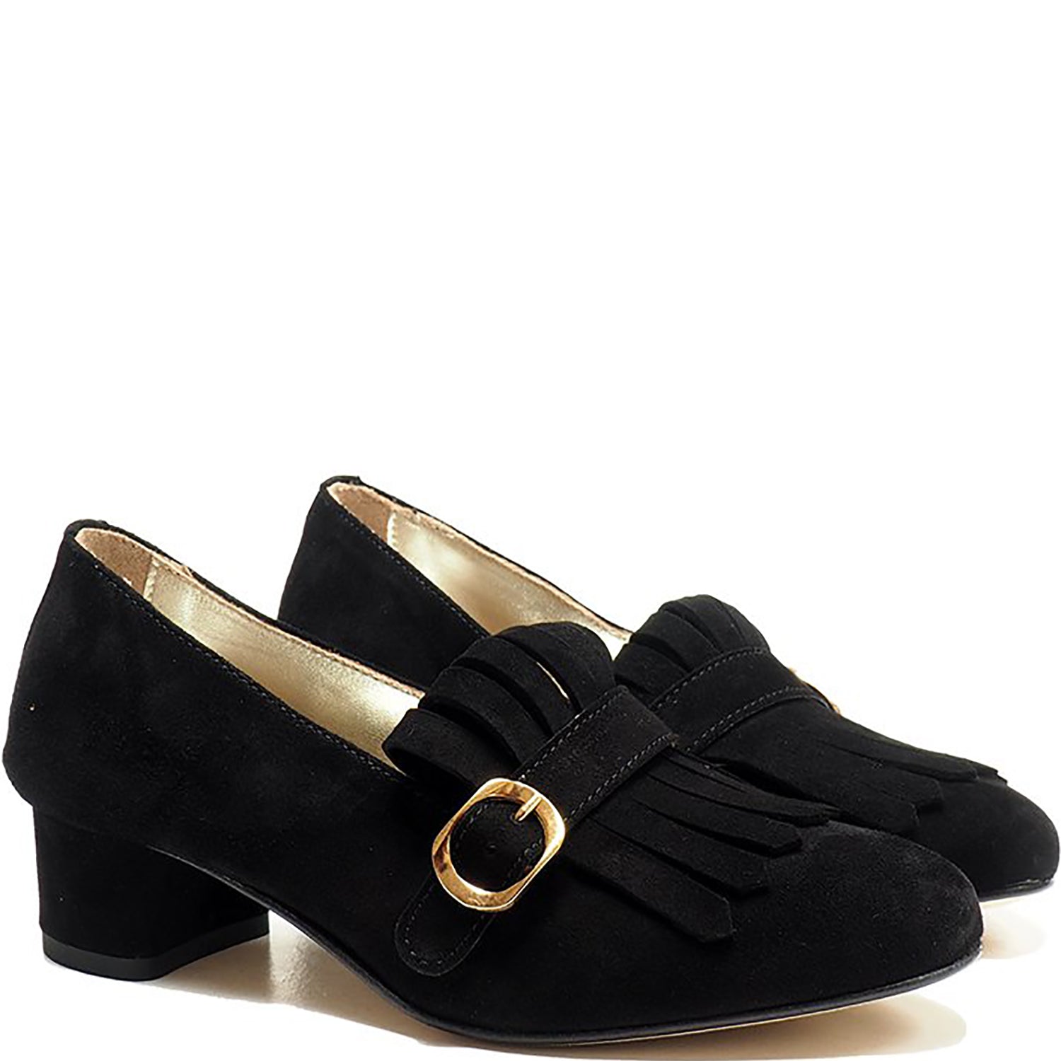 Single buckles shoes with fringes and heel in black suede
