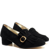 Single buckles shoes with fringes and heel in black suede