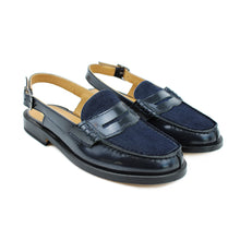 Load image into Gallery viewer, Sabot Penny loafer-style Sabot in blue leather and pony details with back strap
