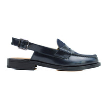 Load image into Gallery viewer, Sabot Penny loafer-style Sabot in blue leather and pony details with back strap
