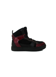 High-Top Sneakers in Black Leather & Bordeaux Patent Leather