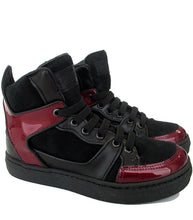 Load image into Gallery viewer, High-Top Sneakers in Black Leather &amp; Bordeaux Patent Leather
