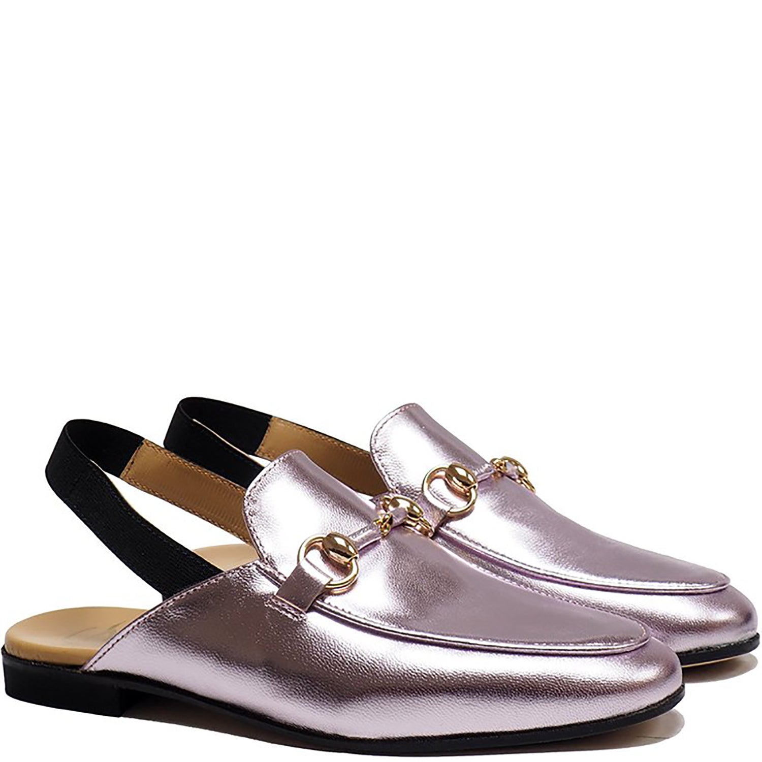 Slipper in Metallic Effect Pink Calf Leather with Black Elastic Band