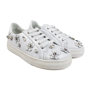 Trendy white sneakers with flowers and diamonds