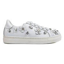 Load image into Gallery viewer, Trendy white sneakers with flowers and diamonds
