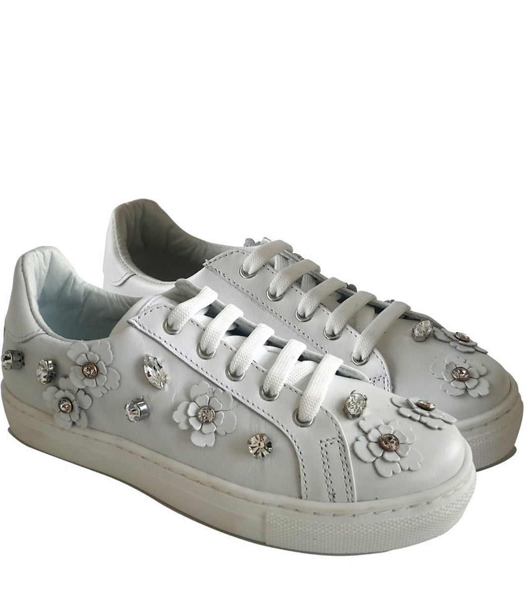Low-Top Sneakers in White Calf Leather with Floral Accessories