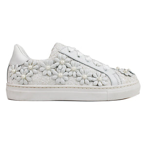 Trendy white sneakers with flowers and pearls