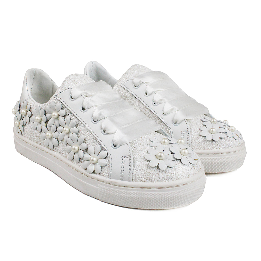 Trendy white sneakers with flowers and pearls