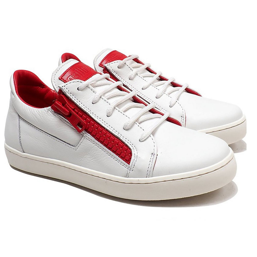 Double Red Zip Sneakers in White Calf Leather