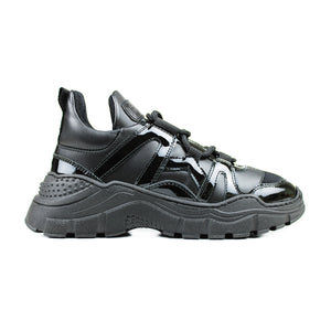 Chunky fashion sneakers in black calf/black patent leather