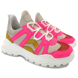 Chunky fashion sneakers in fluo pink/dark yellow/beige
