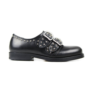 Double buckle shoes in black leather and studs