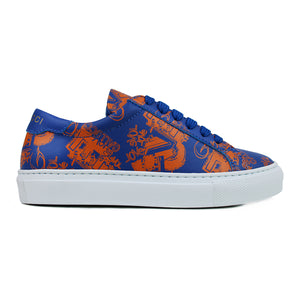 Blue sneaker with iconic yellow Gallucci Love print