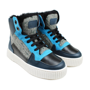 High-top sneakers in black/blue leather and warm lining
