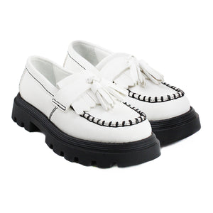 White calfskin tassel loafers with chunky black sole