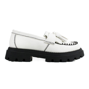 White calfskin tassel loafers with chunky black sole