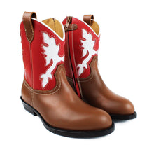 Load image into Gallery viewer, Texan boot in tan leather, red and white detail
