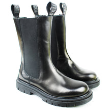 Load image into Gallery viewer, Black Leather High Top Chelsea Boots with signature strap
