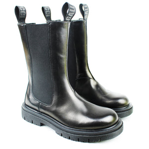 Black Leather High Top Chelsea Boots with signature strap