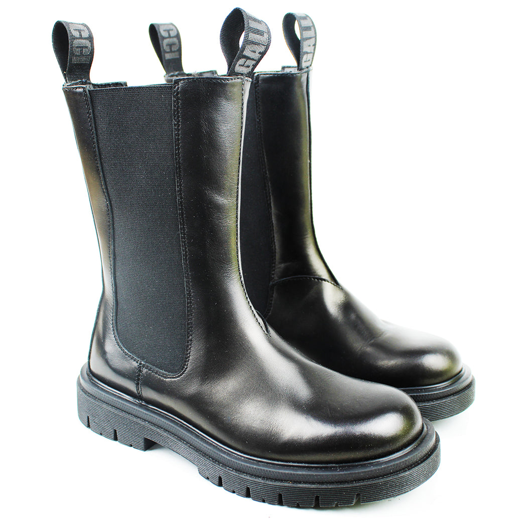 Black Leather High Top Chelsea Boots with signature strap