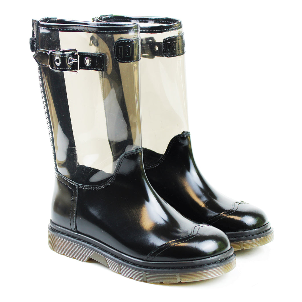 Boots in black calf and transparent PVC details