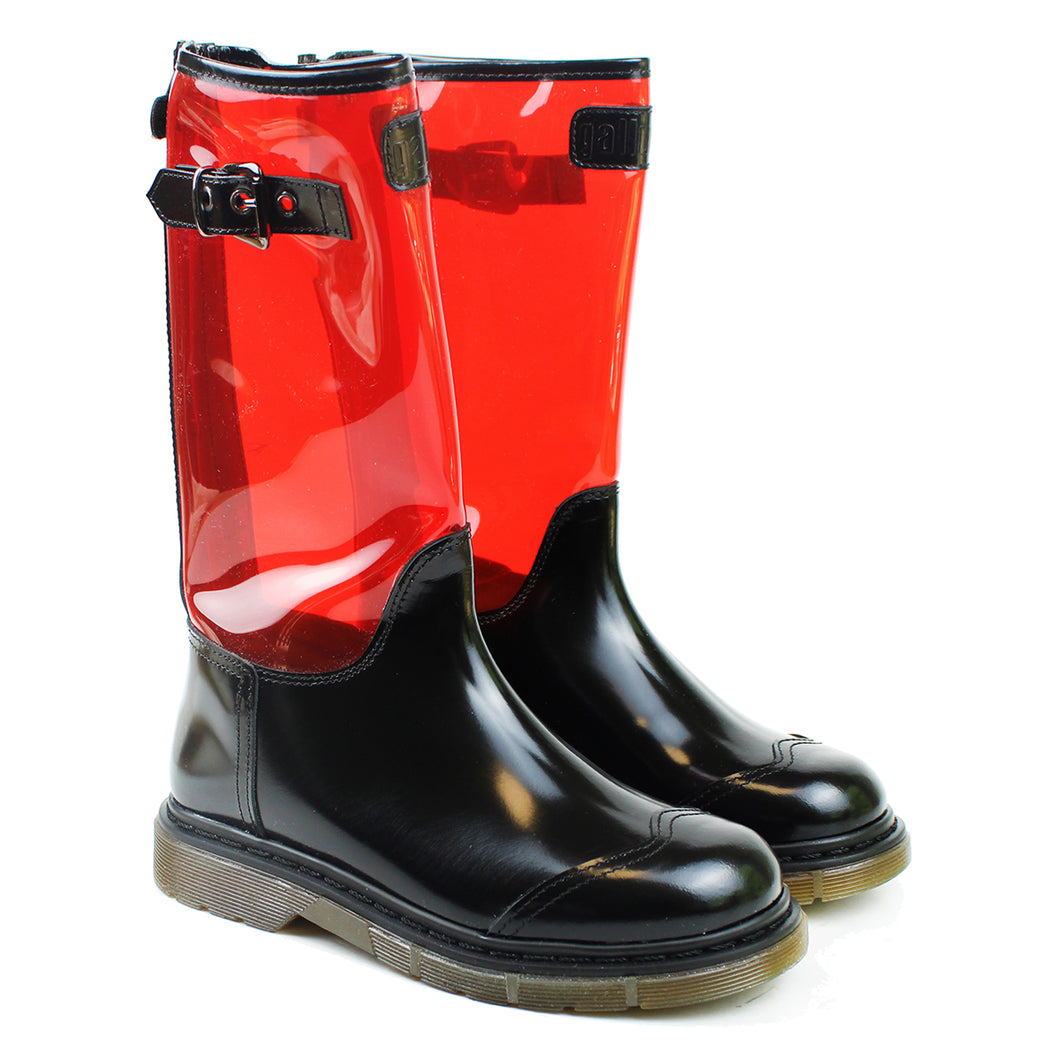 Boots in black calf and red PVC details