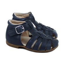 Load image into Gallery viewer, Navy toddler shoes with buckle and rubber sole
