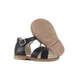 Sandals cross strap in metallic dark blue effect platinum calf leather