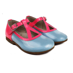 Toddler shoes in blue/fuxia patent leather