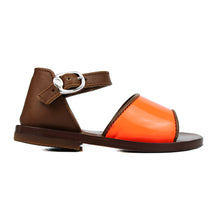 Load image into Gallery viewer, Toddler sandals in tan leather with fluo orange details
