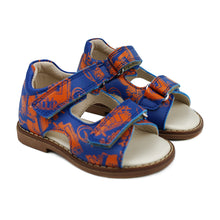 Load image into Gallery viewer, Toddler sandals in blue leather with signature Gallucci Love orange print
