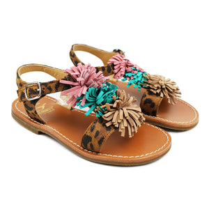 Toddler sandals in animalier suede with fringes on top and open back